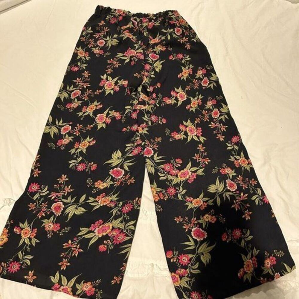 Hippie Rose Black Wide Leg Pants with Pink Floral & Green Leaves